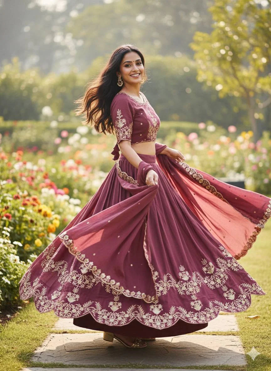 Regal Vichitra Silk Lehenga Set with Golden Zari Embroidery & Cutwork Dupatta