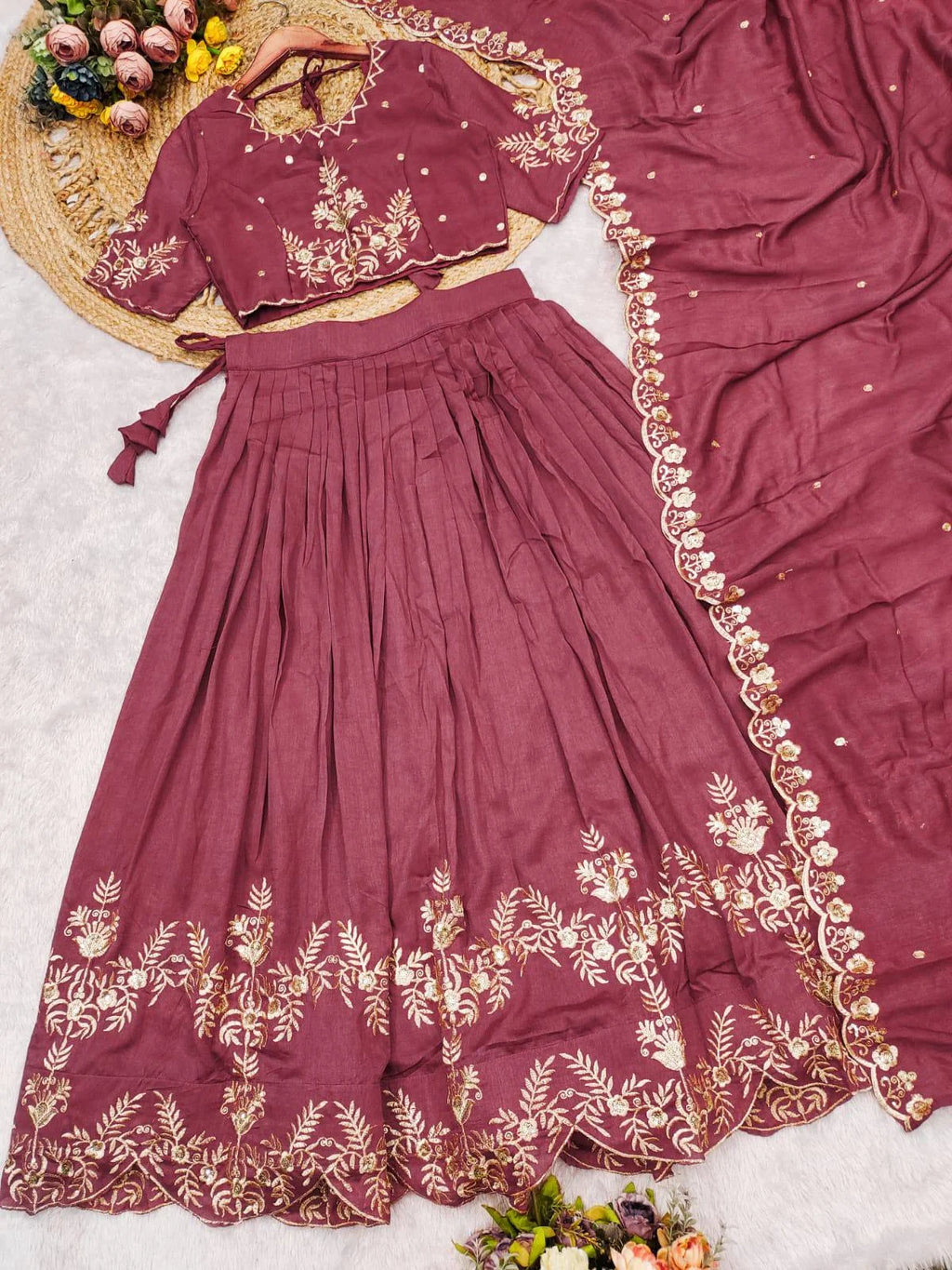 Regal Vichitra Silk Lehenga Set with Golden Zari Embroidery & Cutwork Dupatta
