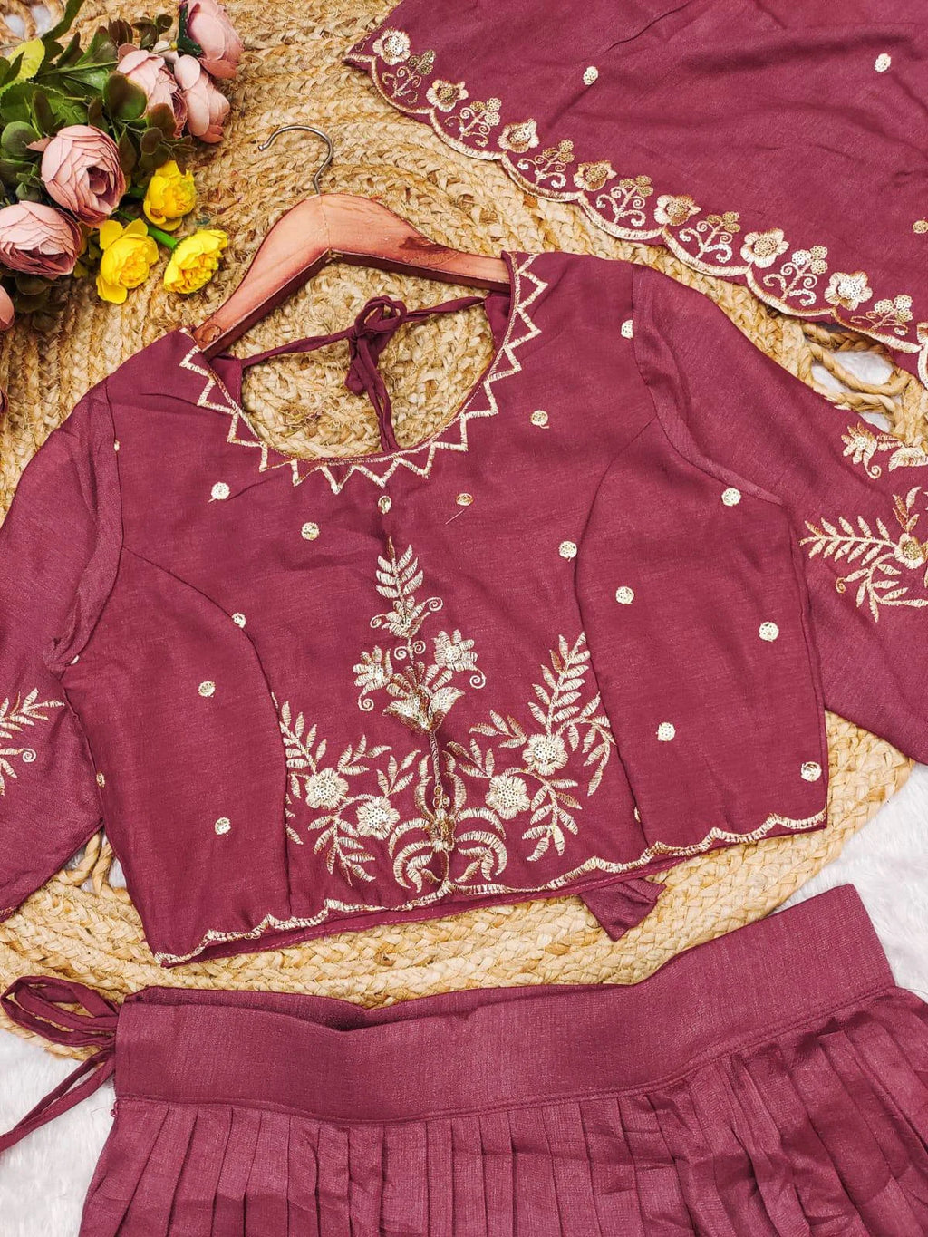 Regal Vichitra Silk Lehenga Set with Golden Zari Embroidery & Cutwork Dupatta