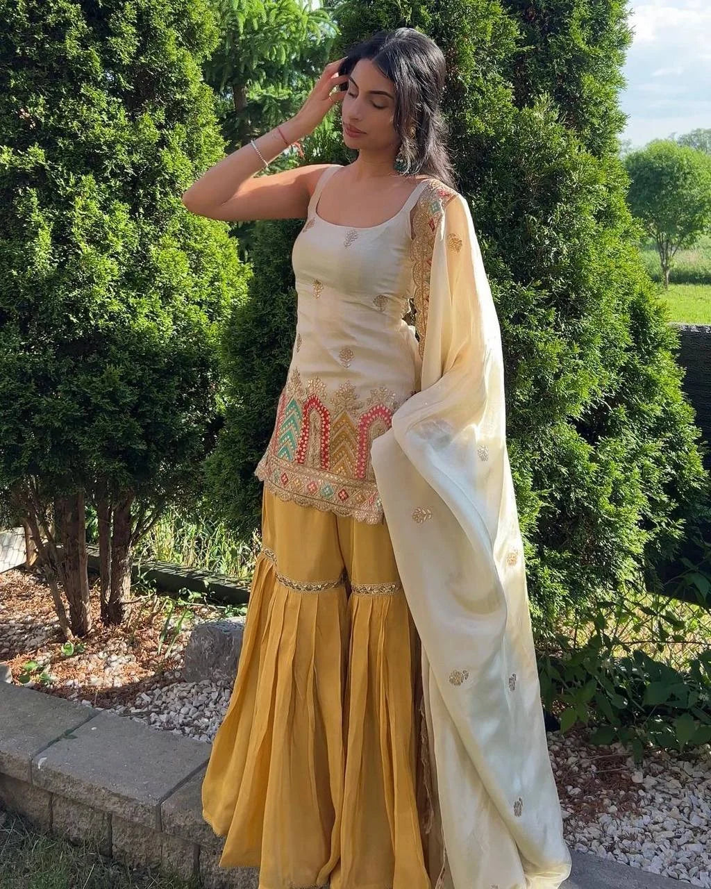 Heavy Chinon Silk Embroidered Top Sharara Set with Thread & Sequence Work Dupatta