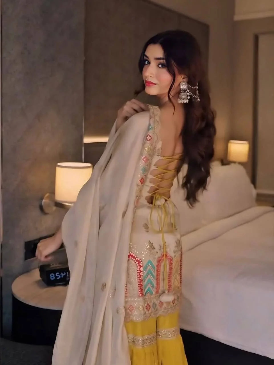 Heavy Chinon Silk Embroidered Top Sharara Set with Thread & Sequence Work Dupatta