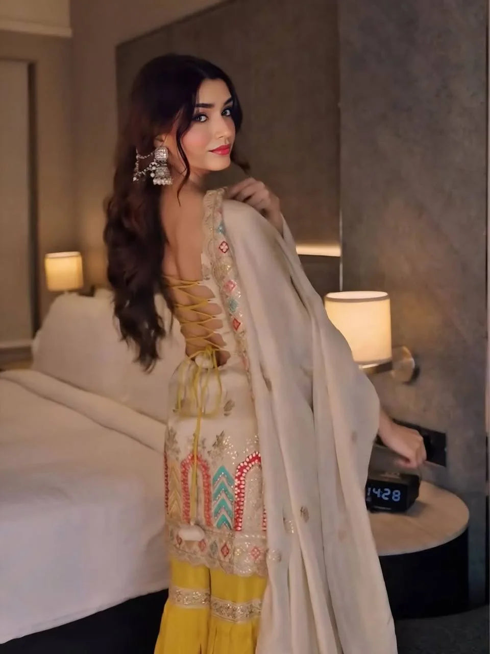 Heavy Chinon Silk Embroidered Top Sharara Set with Thread & Sequence Work Dupatta