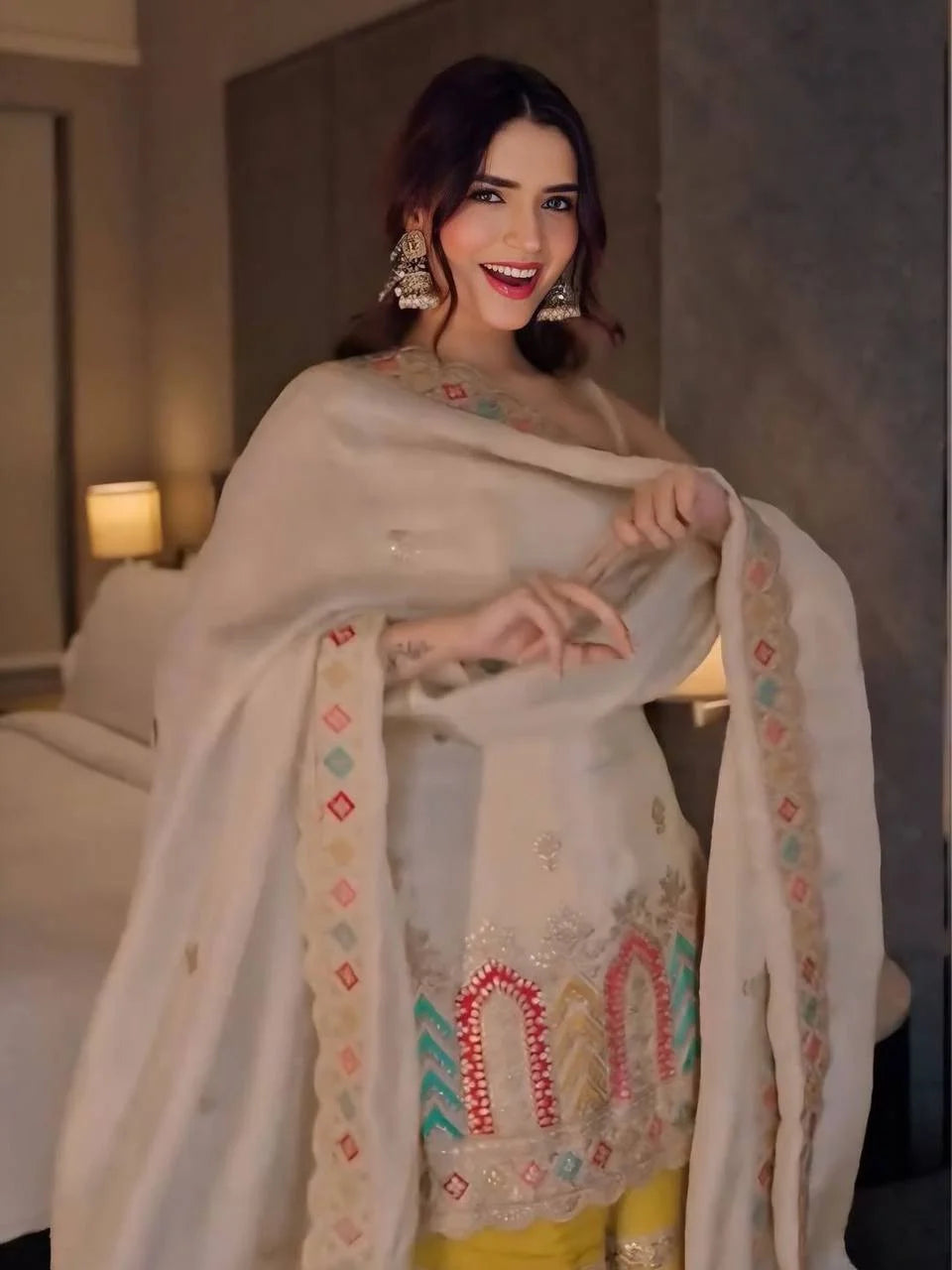 Heavy Chinon Silk Embroidered Top Sharara Set with Thread & Sequence Work Dupatta