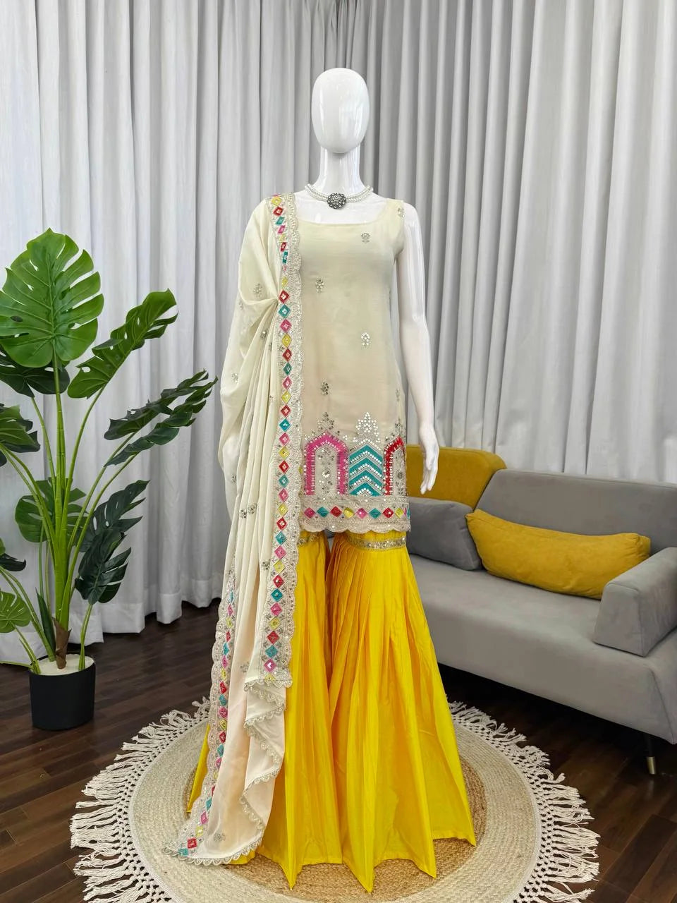 Heavy Chinon Silk Embroidered Top Sharara Set with Thread & Sequence Work Dupatta