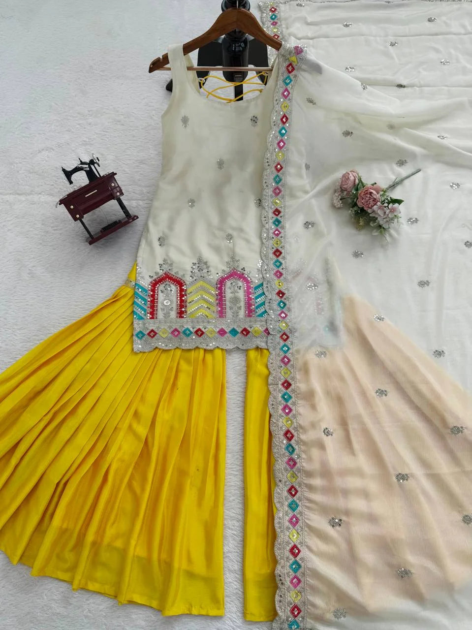 Heavy Chinon Silk Embroidered Top Sharara Set with Thread & Sequence Work Dupatta