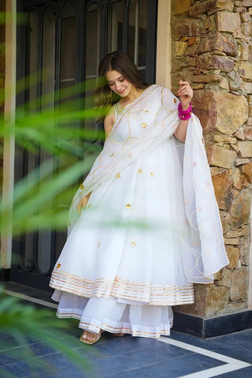 Chic White Anarkali Trio : Anarkali Plazzo with Dupatta