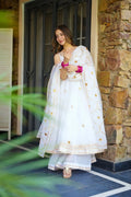 Chic White Anarkali Trio : Anarkali Plazzo with Dupatta