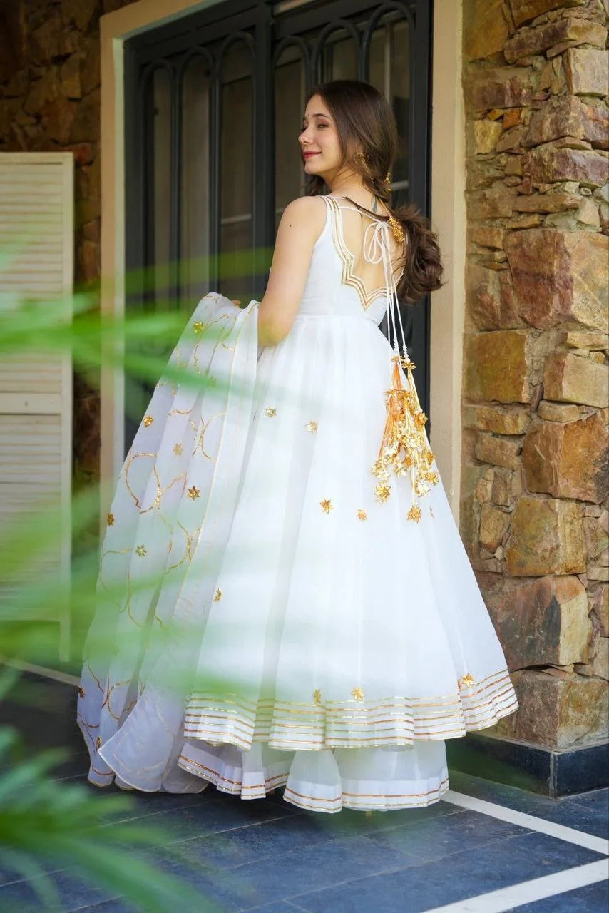 Chic White Anarkali Trio : Anarkali Plazzo with Dupatta