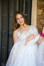 Chic White Anarkali Trio : Anarkali Plazzo with Dupatta