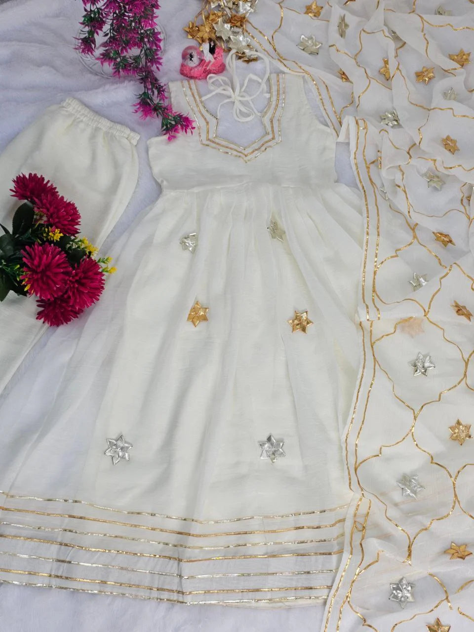 Chic White Anarkali Trio : Anarkali Plazzo with Dupatta