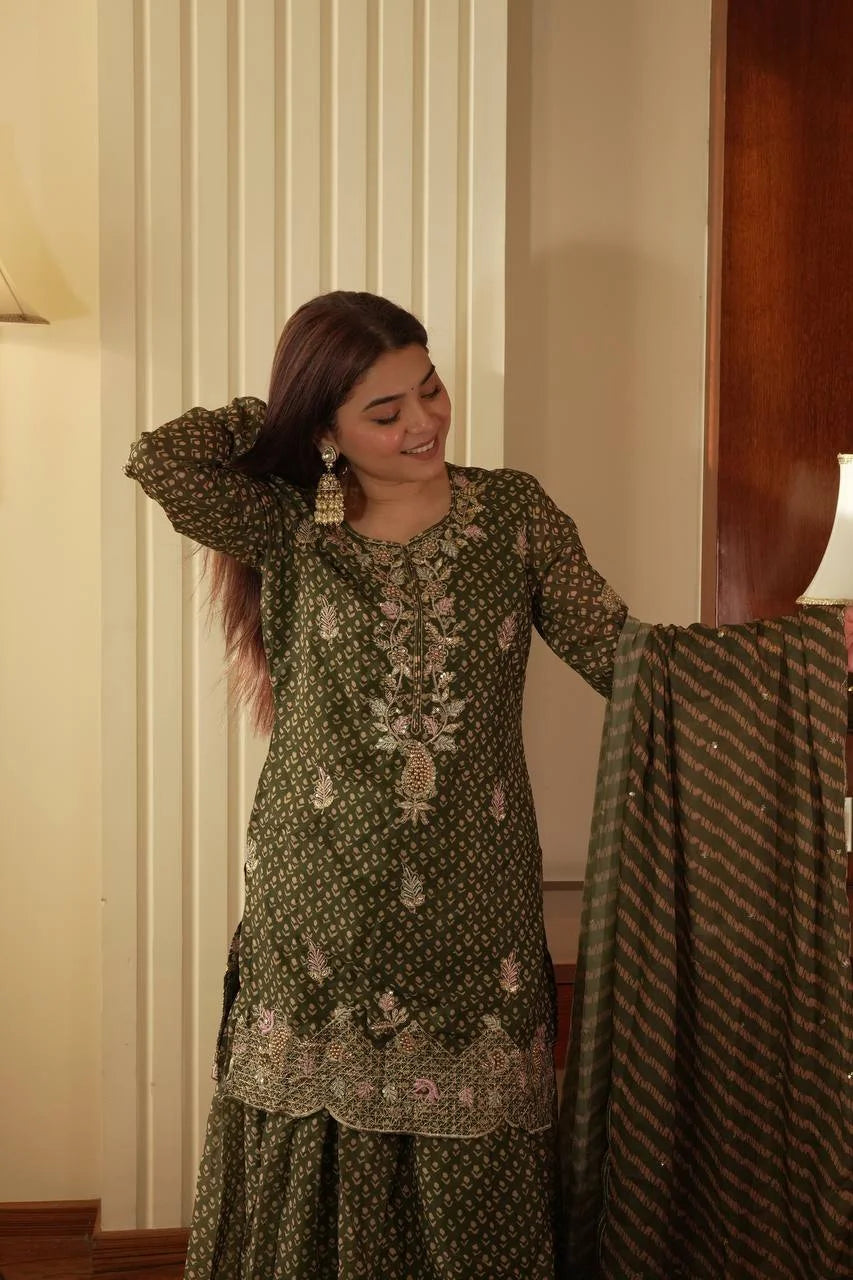 Party Wear Printed Chinon Kurti and Sharara with Embroidery Work