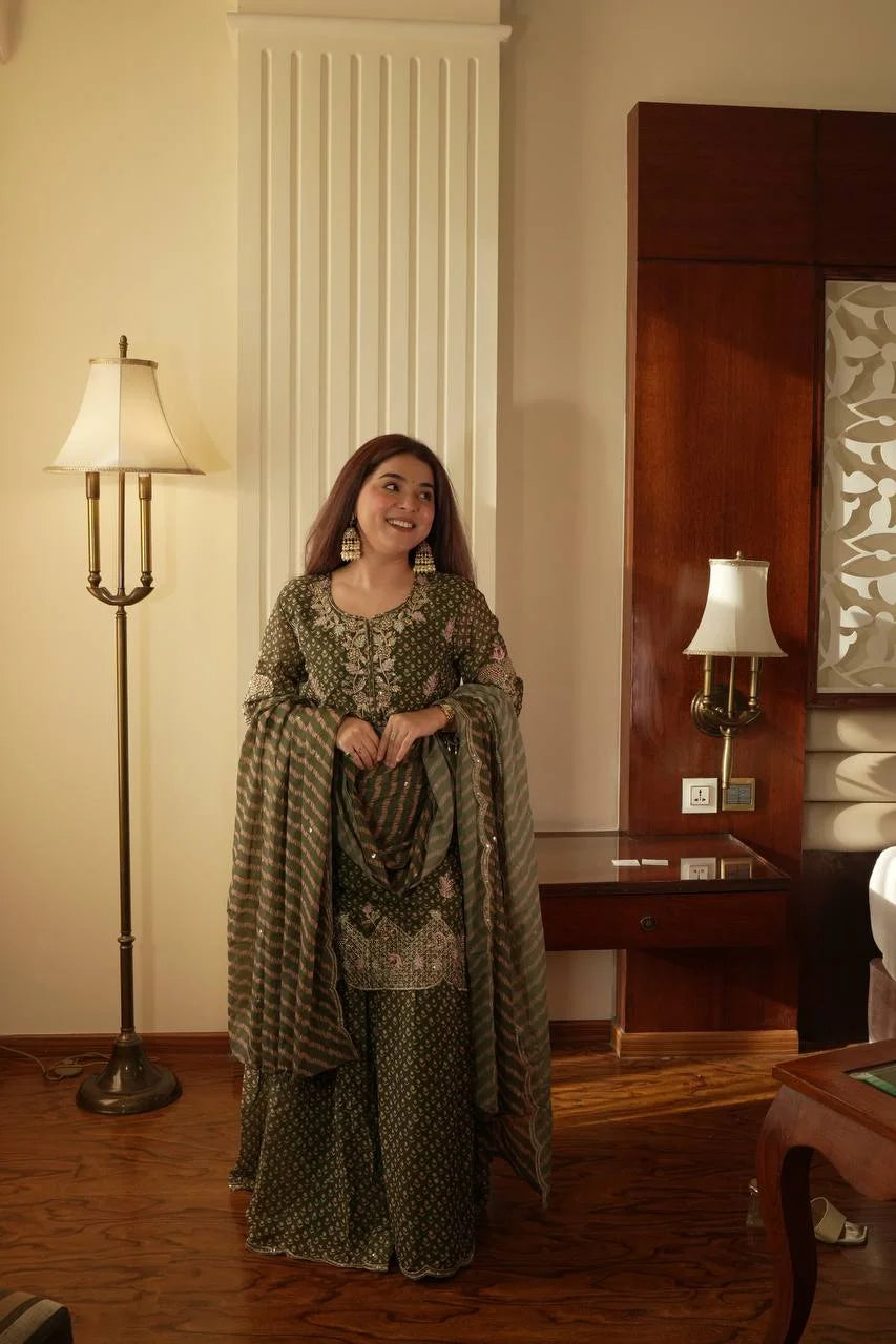 Party Wear Printed Chinon Kurti and Sharara with Embroidery Work
