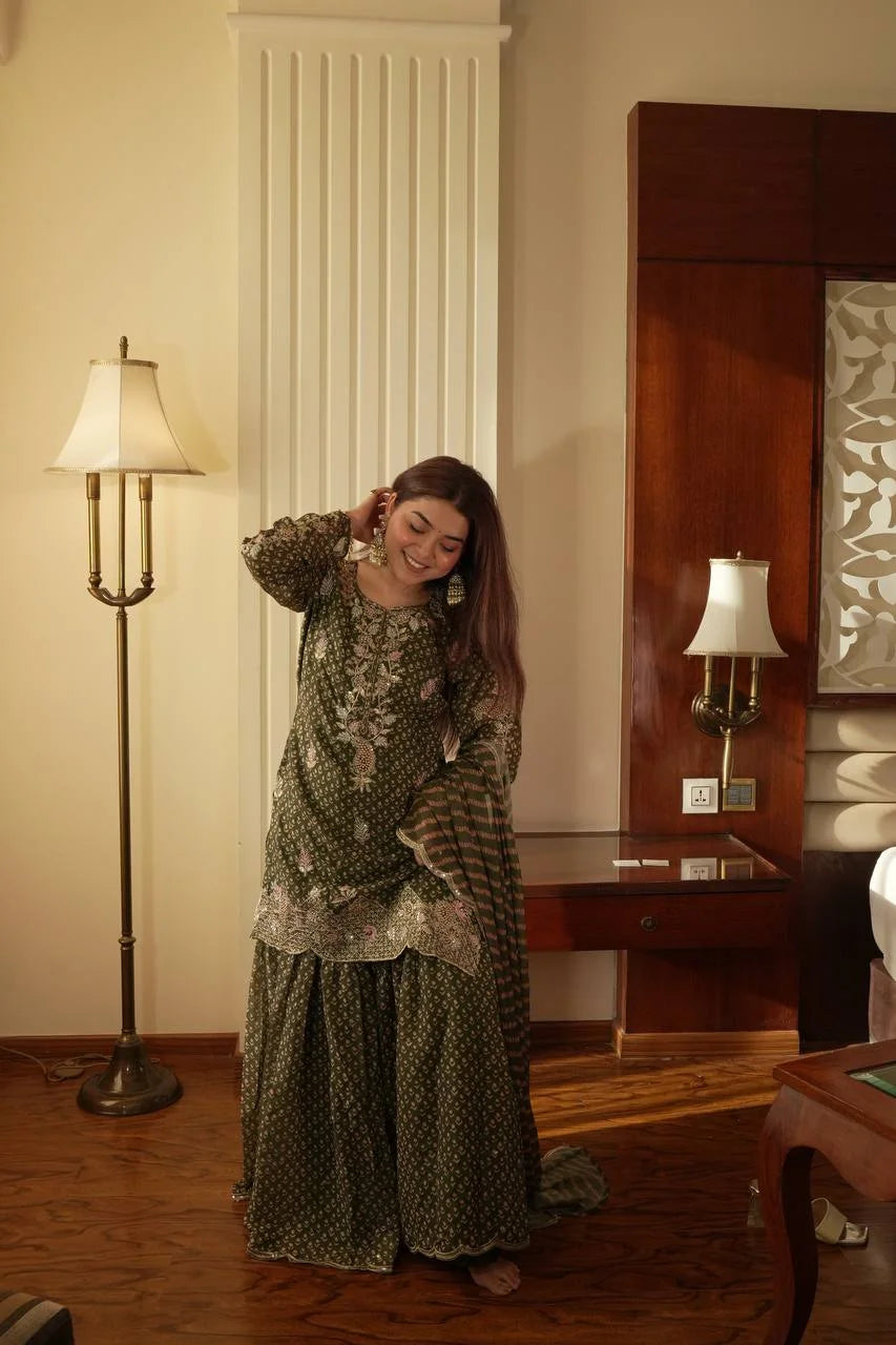 Party Wear Printed Chinon Kurti and Sharara with Embroidery Work