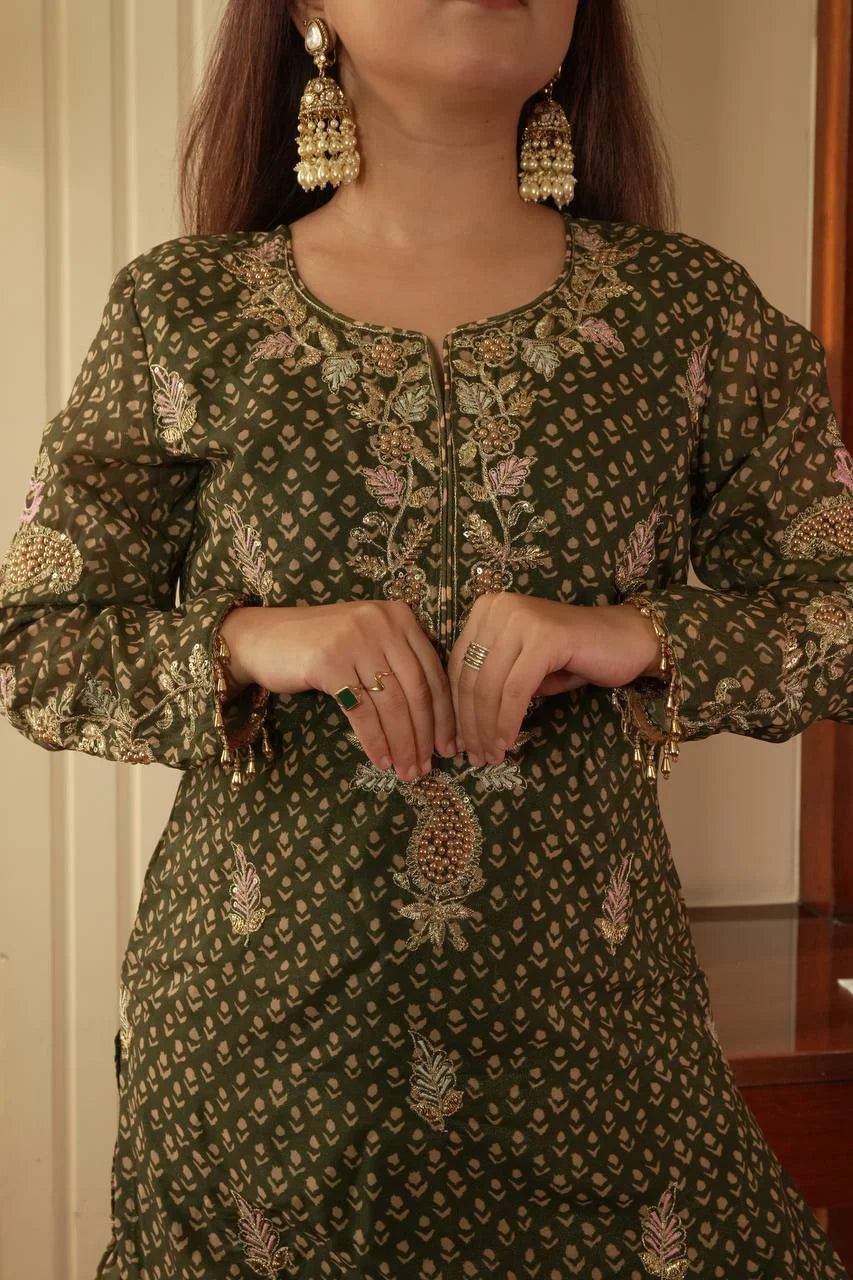 Party Wear Printed Chinon Kurti and Sharara with Embroidery Work