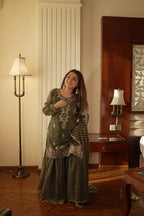 Party Wear Printed Chinon Kurti and Sharara with Embroidery Work