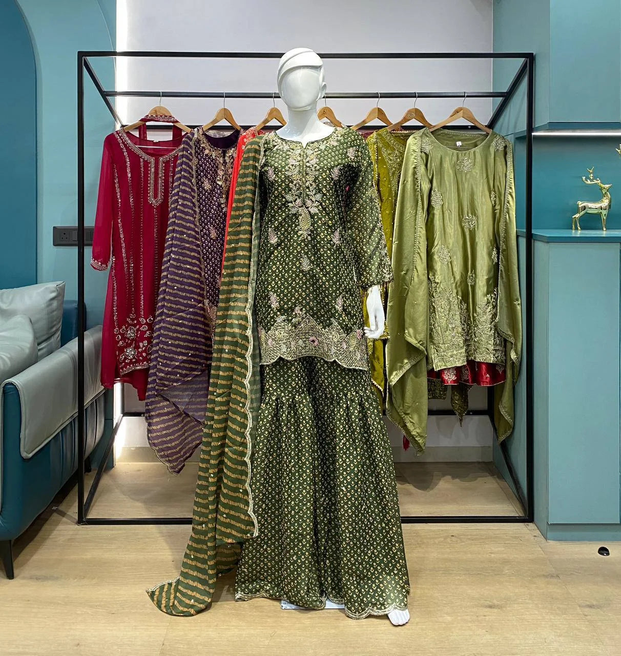 Party Wear Printed Chinon Kurti and Sharara with Embroidery Work