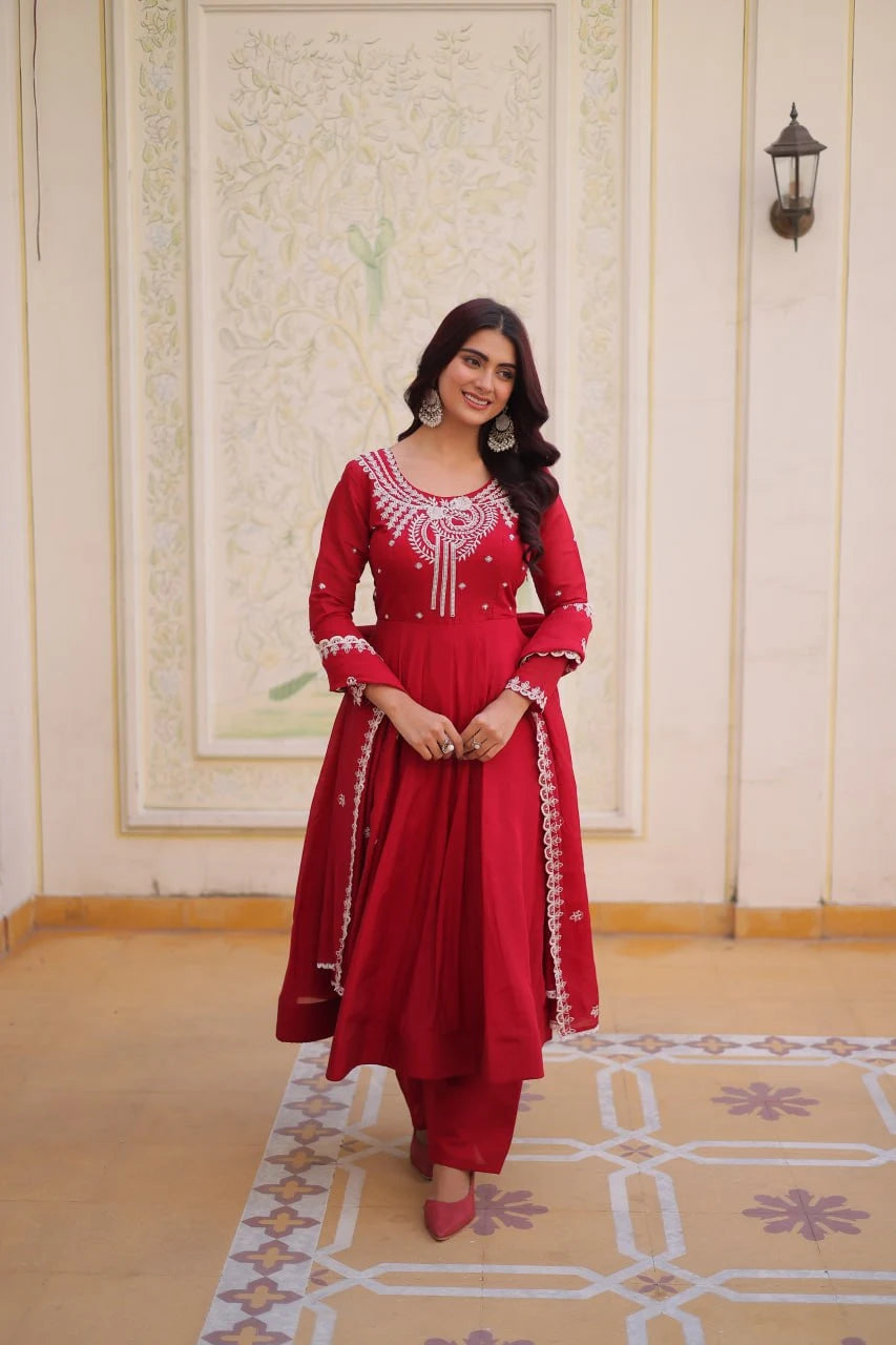 Wedding Ready Glam: Designer Gown with Flair & Embroidered Dupatta