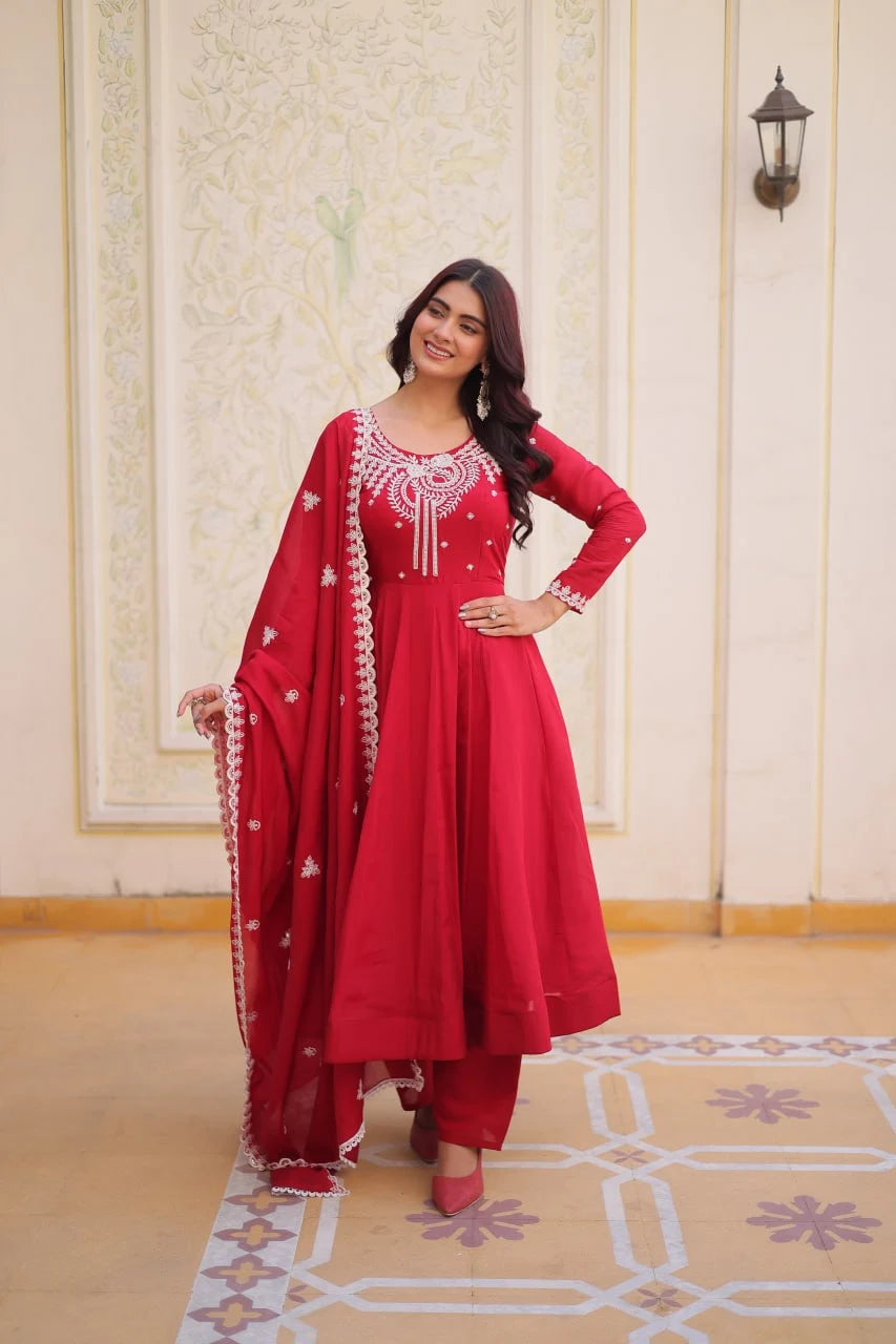Wedding Ready Glam: Designer Gown with Flair & Embroidered Dupatta