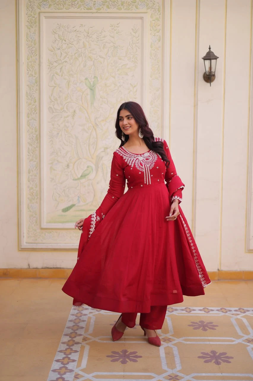 Wedding Ready Glam: Designer Gown with Flair & Embroidered Dupatta