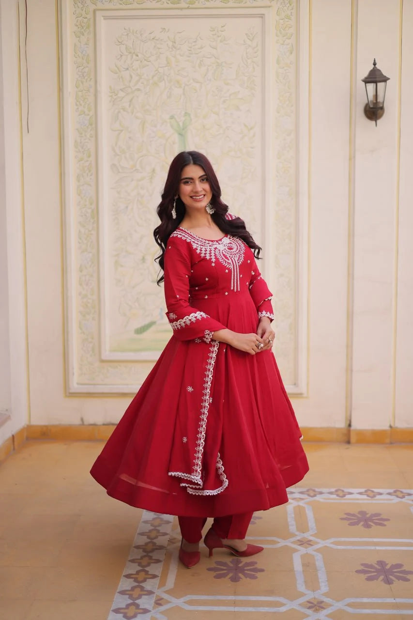 Wedding Ready Glam: Designer Gown with Flair & Embroidered Dupatta