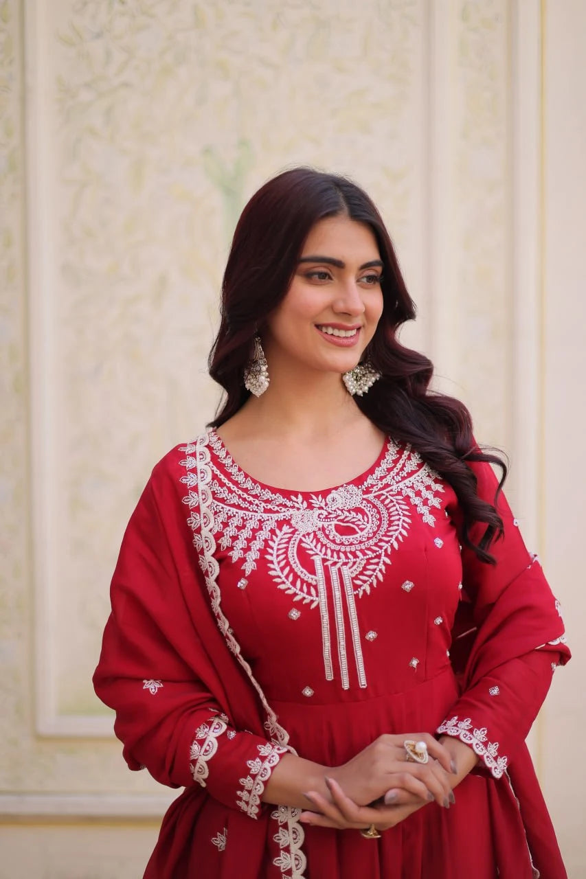 Wedding Ready Glam: Designer Gown with Flair & Embroidered Dupatta