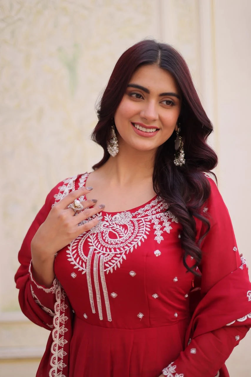Wedding Ready Glam: Designer Gown with Flair & Embroidered Dupatta