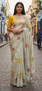 Viscose Rangoli Saree with Floral Thread & Real Mirror Work