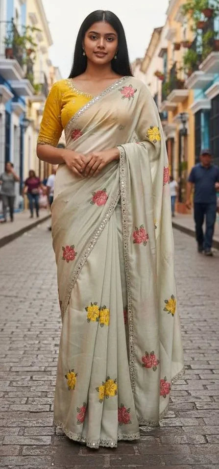 Viscose Rangoli Saree with Floral Thread & Real Mirror Work