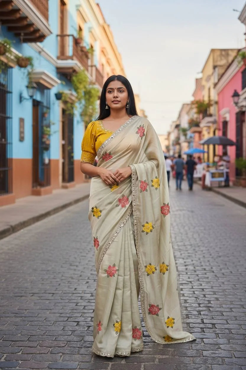 Viscose Rangoli Saree with Floral Thread & Real Mirror Work