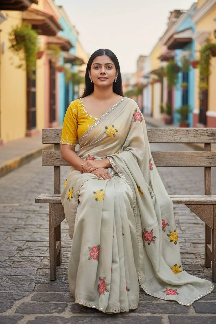 Viscose Rangoli Saree with Floral Thread & Real Mirror Work
