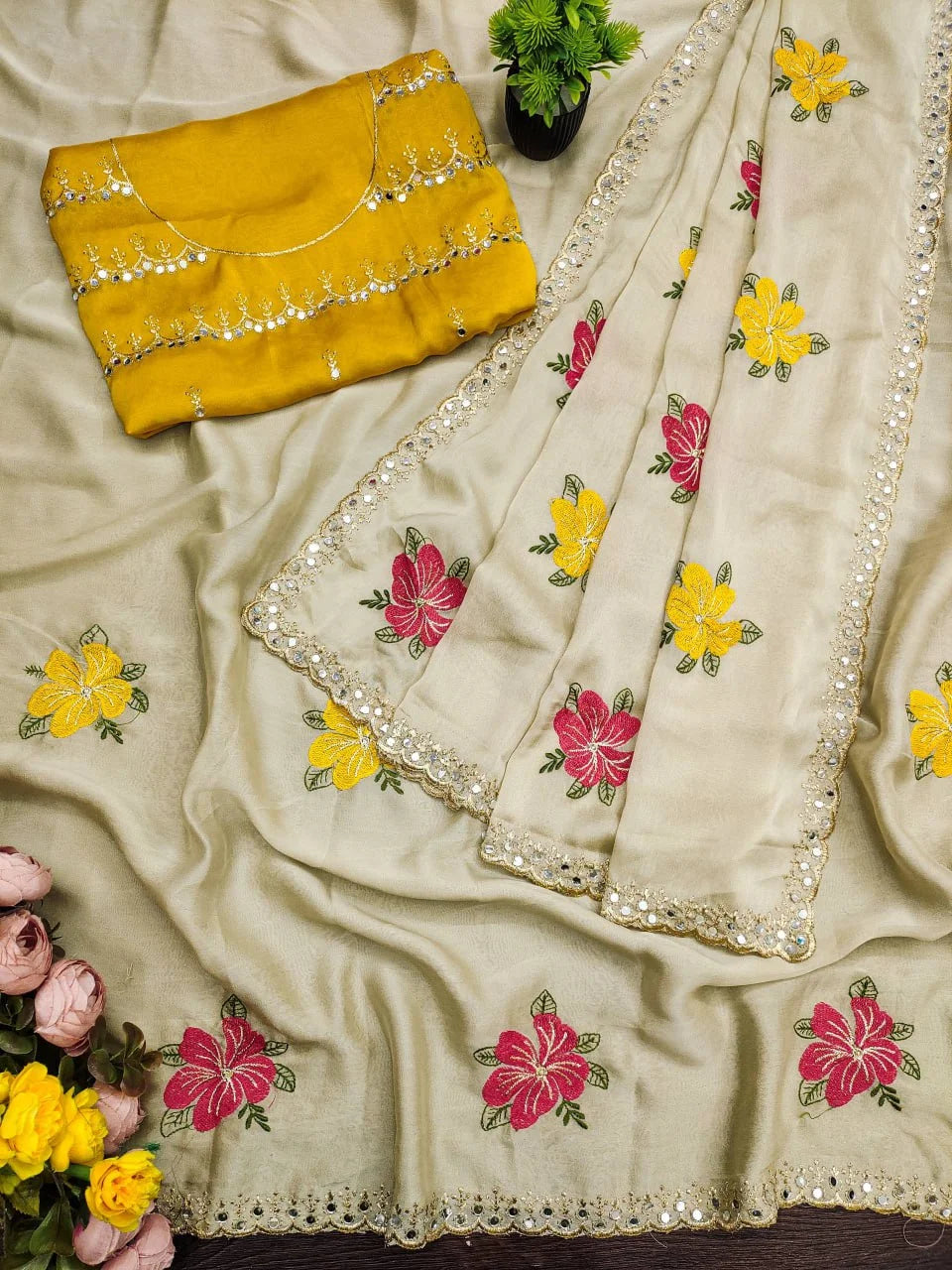 Viscose Rangoli Saree with Floral Thread & Real Mirror Work