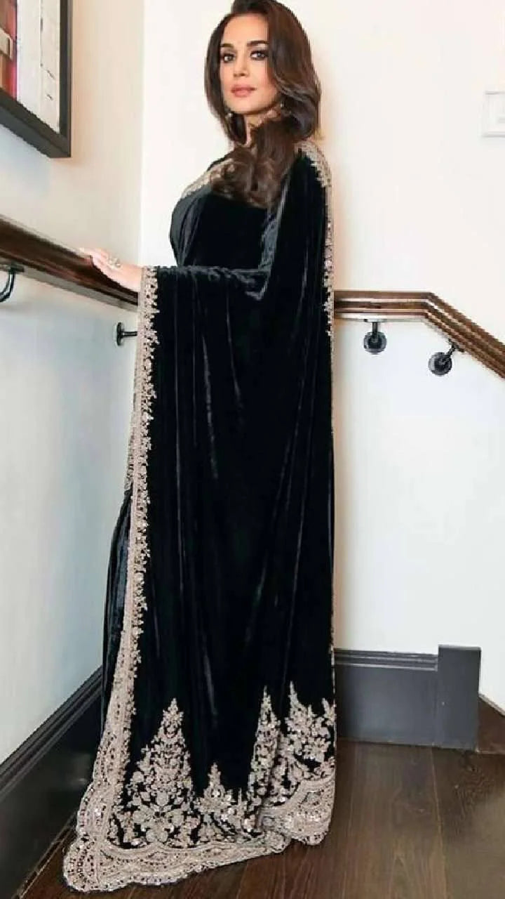 Pure Viscose Velvet Saree with 5mm Sequence & Zari Dori Embroidery