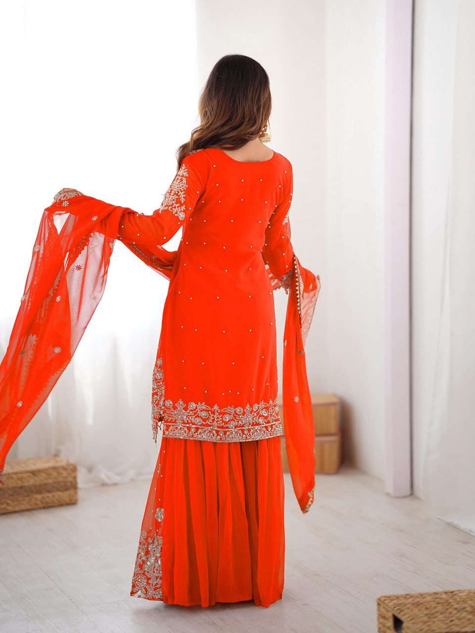Orange Eid Special Faux Georgette Sharara Set with Cording Dori & Pearl Work