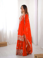Orange Eid Special Faux Georgette Sharara Set with Cording Dori & Pearl Work
