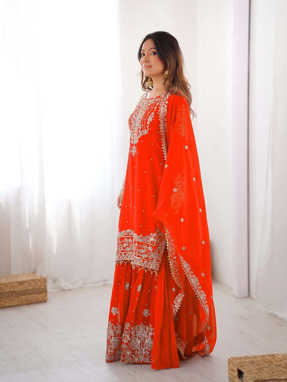 Orange Eid Special Faux Georgette Sharara Set with Cording Dori & Pearl Work