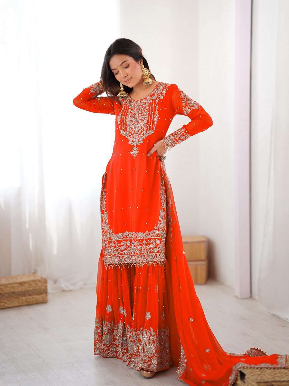 Orange Eid Special Faux Georgette Sharara Set with Cording Dori & Pearl Work