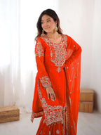 Orange Eid Special Faux Georgette Sharara Set with Cording Dori & Pearl Work