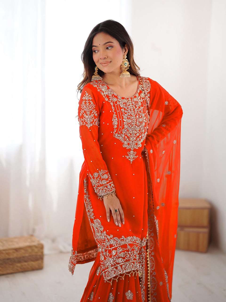Orange Eid Special Faux Georgette Sharara Set with Cording Dori & Pearl Work