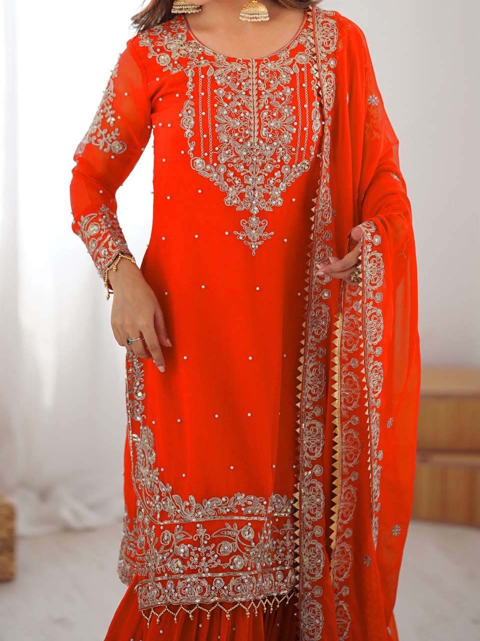 Orange Eid Special Faux Georgette Sharara Set with Cording Dori & Pearl Work