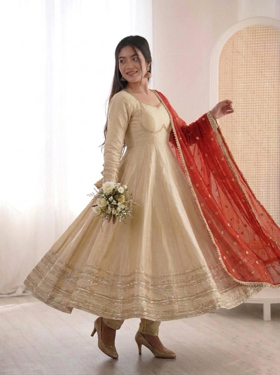 Women's Silk Anarkali Gown Pant Dupatta Set for Wedding & Festive Wear