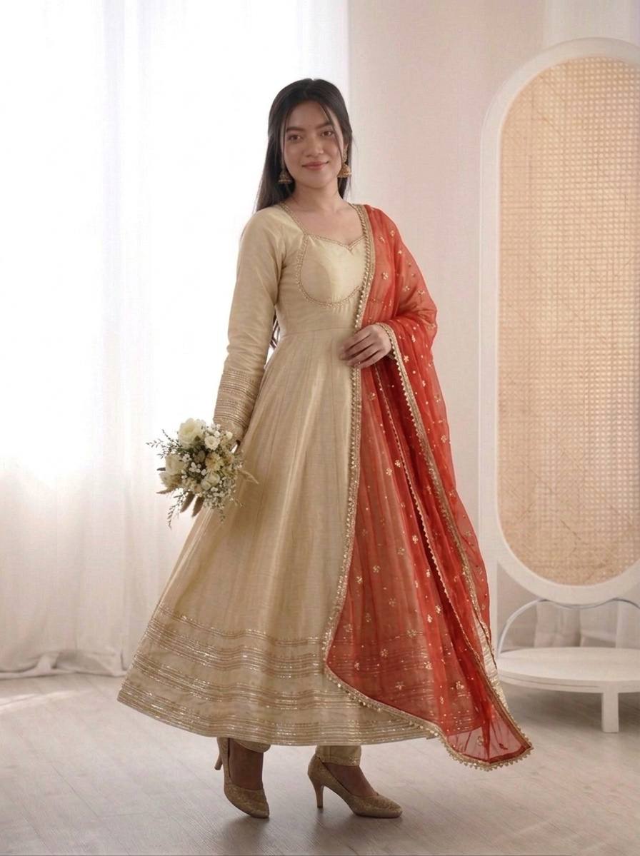 Women's Silk Anarkali Gown Pant Dupatta Set for Wedding & Festive Wear