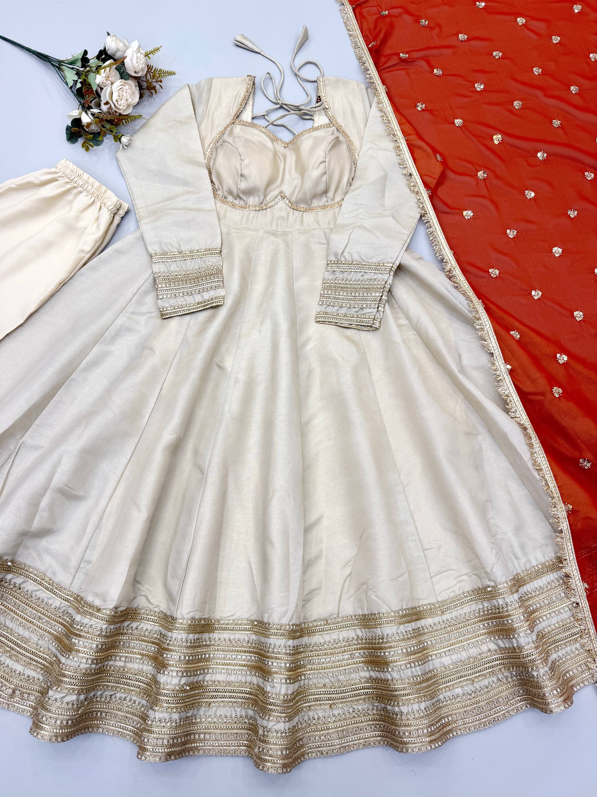 Women's Silk Anarkali Gown Pant Dupatta Set for Wedding & Festive Wear
