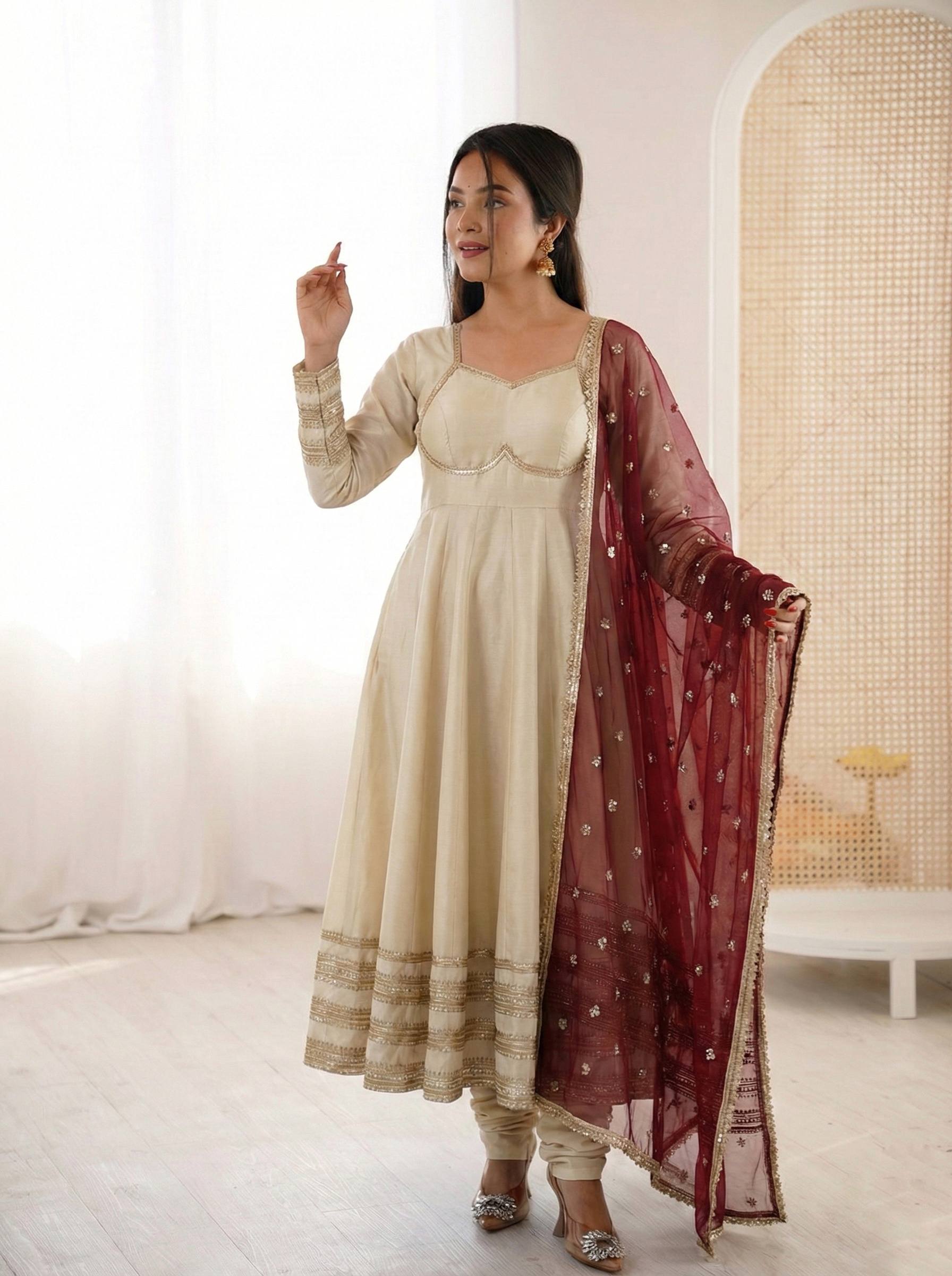 Women's Silk Anarkali Gown Pant Dupatta Set for Wedding & Festive Wear