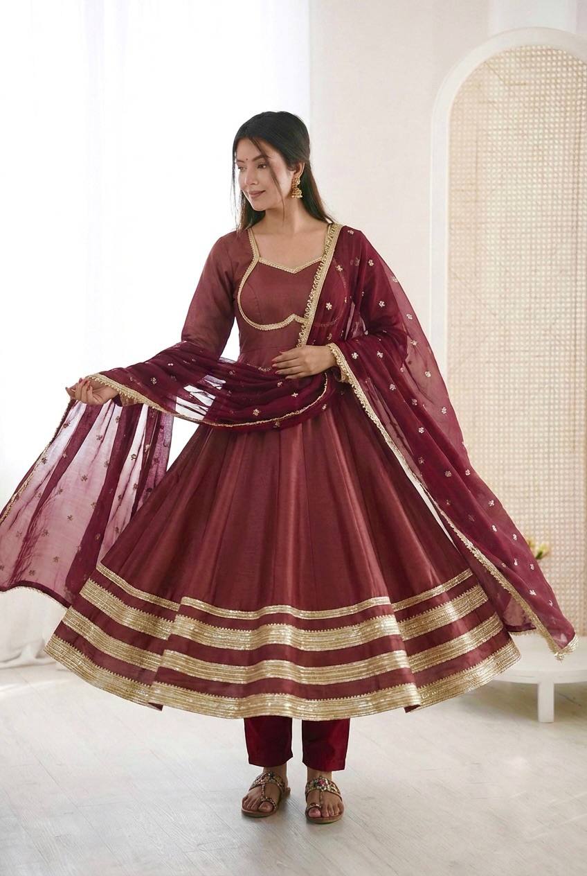 Women's Silk Anarkali Gown Pant Dupatta Set for Wedding & Festive Wear
