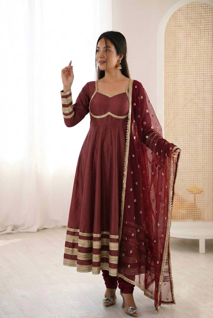 Women's Silk Anarkali Gown Pant Dupatta Set for Wedding & Festive Wear