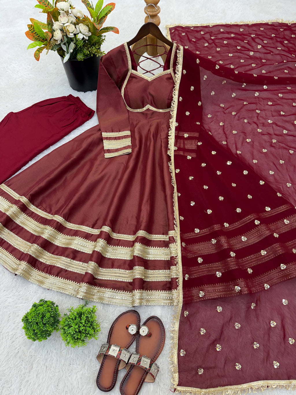 Women's Silk Anarkali Gown Pant Dupatta Set for Wedding & Festive Wear