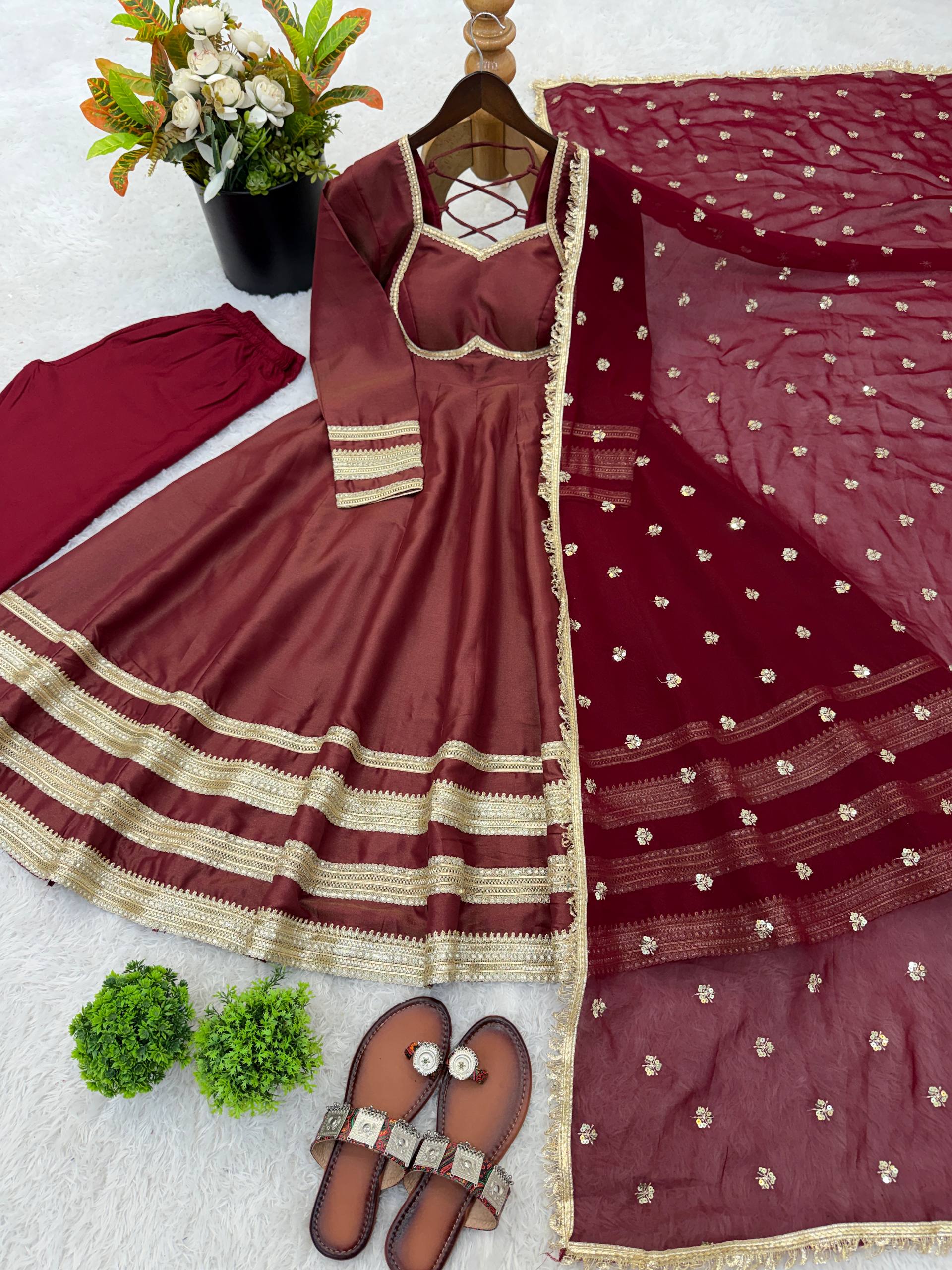 Women's Silk Anarkali Gown Pant Dupatta Set for Wedding & Festive Wear