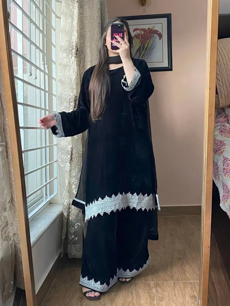 Luxury Velvet Sequence Work Palazzo Suit with Lace-Detail Dupatta