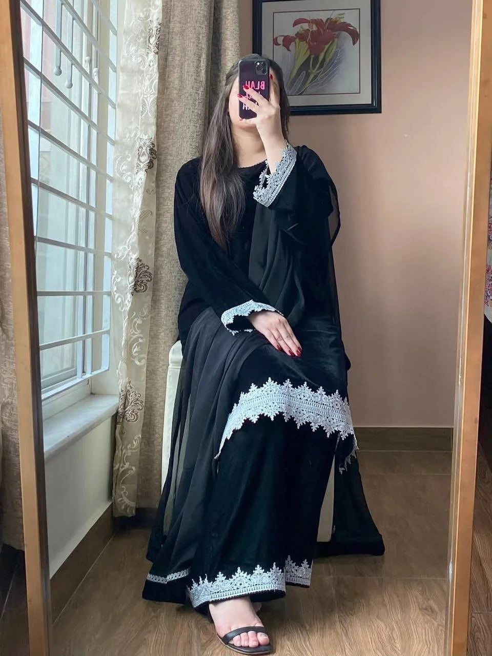 Luxury Velvet Sequence Work Palazzo Suit with Lace-Detail Dupatta
