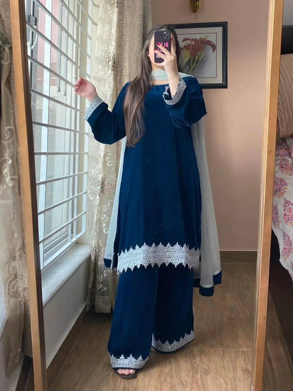 Premium Velvet Embroidery Co-Ord Set with Designer Georgette Dupatta